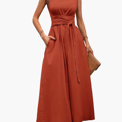 Women's Elegant Sleeveless Jumpsuit with Tie Belt and Wide Legs – Perfect for Summer and Leisure