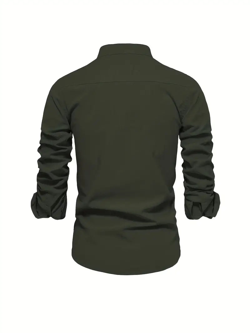 Men's Standing Collar Long-Sleeve Shirt – Contemporary Work and Leisure Shirt, Slim Fit, Refined