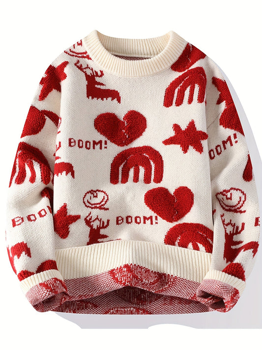 Unisex Strickpullover mit Muster, Rundhals-Ausschnitt, langärmlig