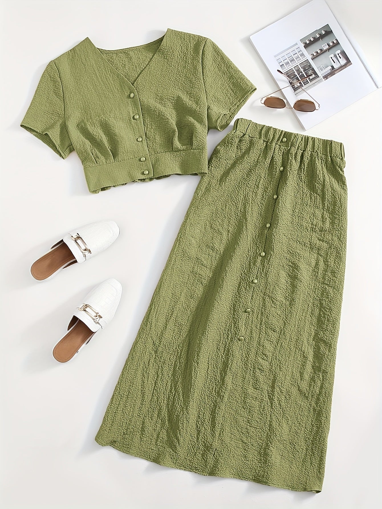 Women's Two-Piece Set – Elegant Button-Down Crop Top & Midi Skirt for Everyday and Leisure