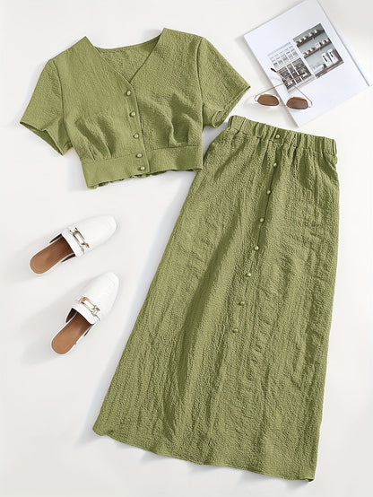 Women's Two-Piece Set – Elegant Button-Down Crop Top & Midi Skirt for Everyday and Leisure