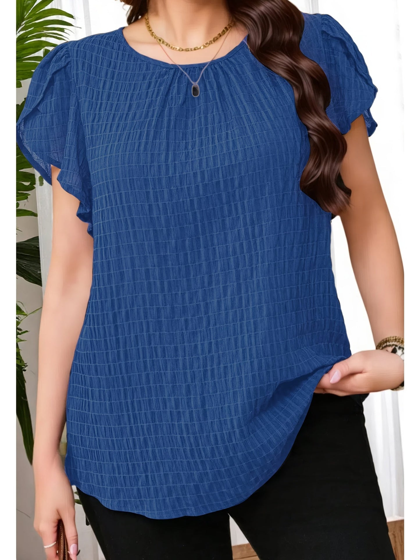 Women's Blouse Elegant Loose Summer Casual Top with Short Sleeves and Round Neckline