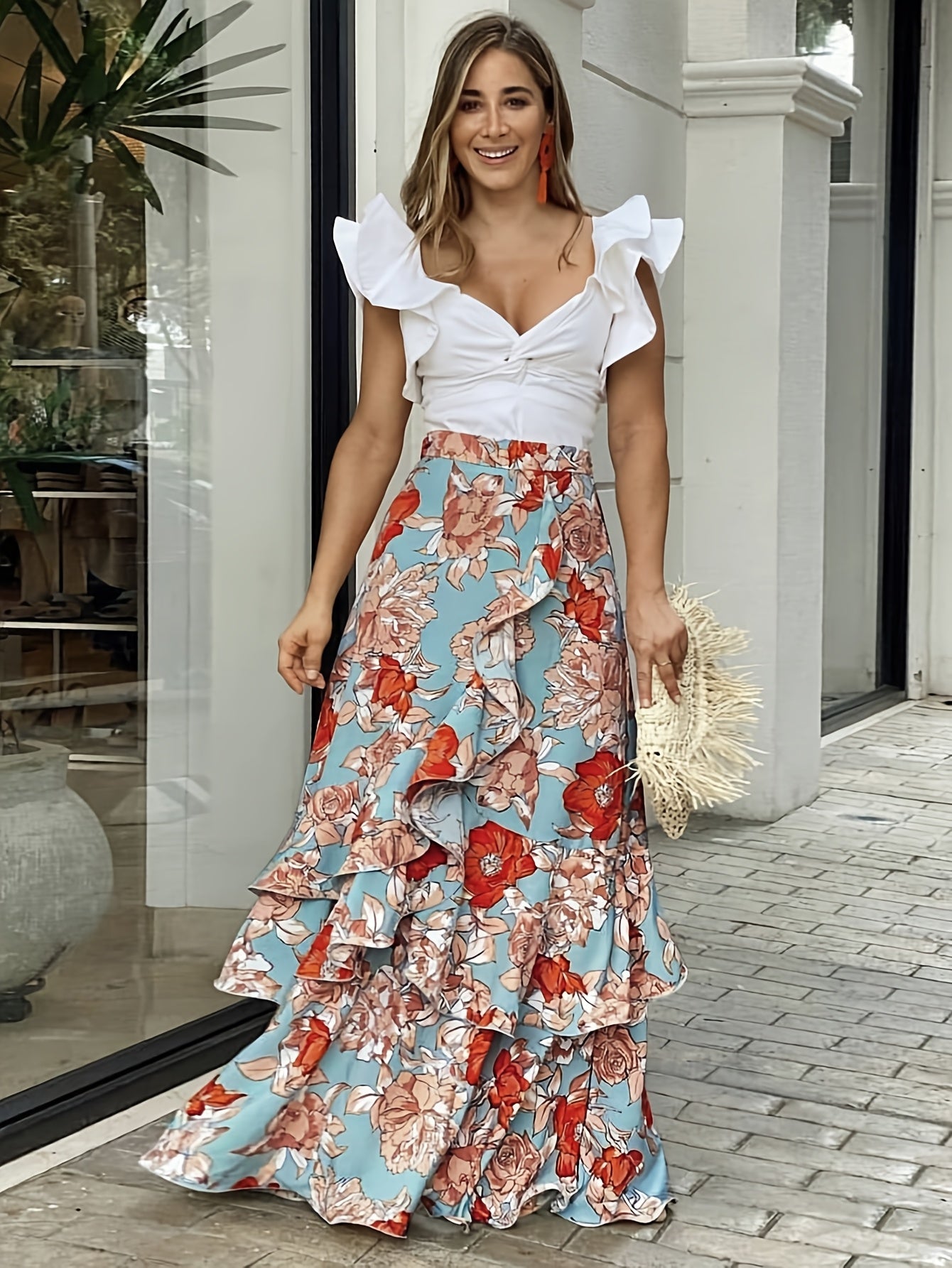 Women's maxi skirt with ruffle and floral pattern – Elegant wrap skirt for summer and leisure