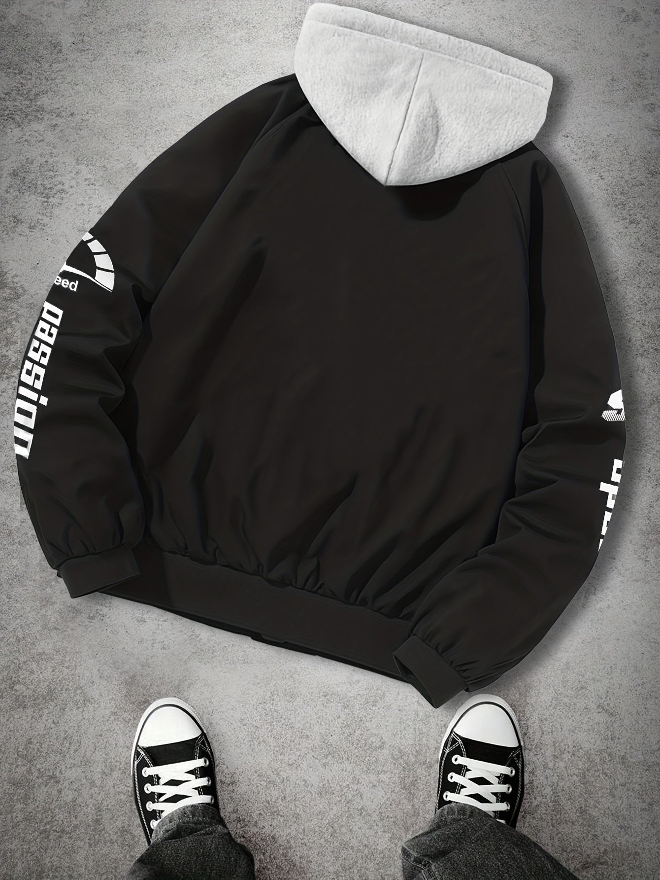 Men's hooded bomber jacket with racing print, zip-up windbreaker