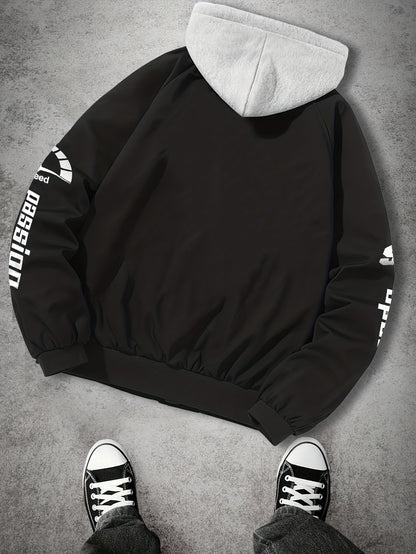 Men's hooded bomber jacket with racing print, zip-up windbreaker