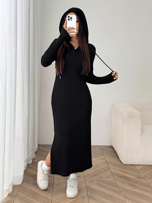 Ribbed black long hooded knit dress