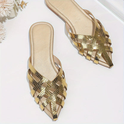 Women's Flat Mules with Braided Design and Pointed Shape – Elegant Slip-On Shoes for Everyday and Going Out