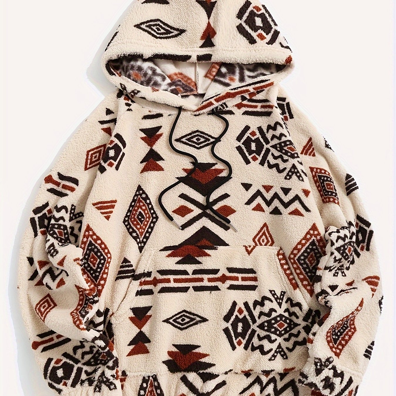 Unisex teddy hoodie with ethnic pattern in beige/brown/black