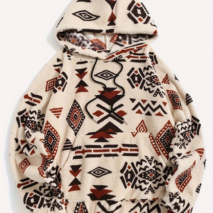 Unisex teddy hoodie with ethnic pattern in beige/brown/black