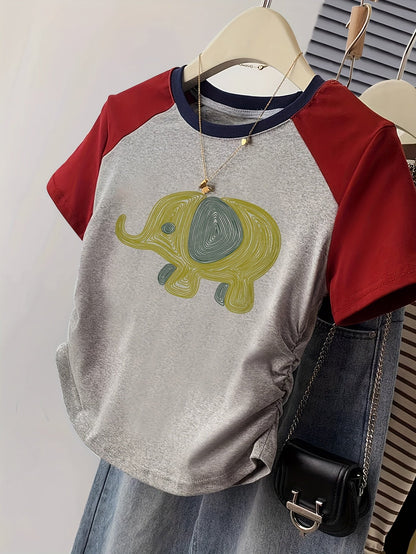 Women's T-shirt with Elephant Print in Y2K Style for Leisure and Everyday Wear