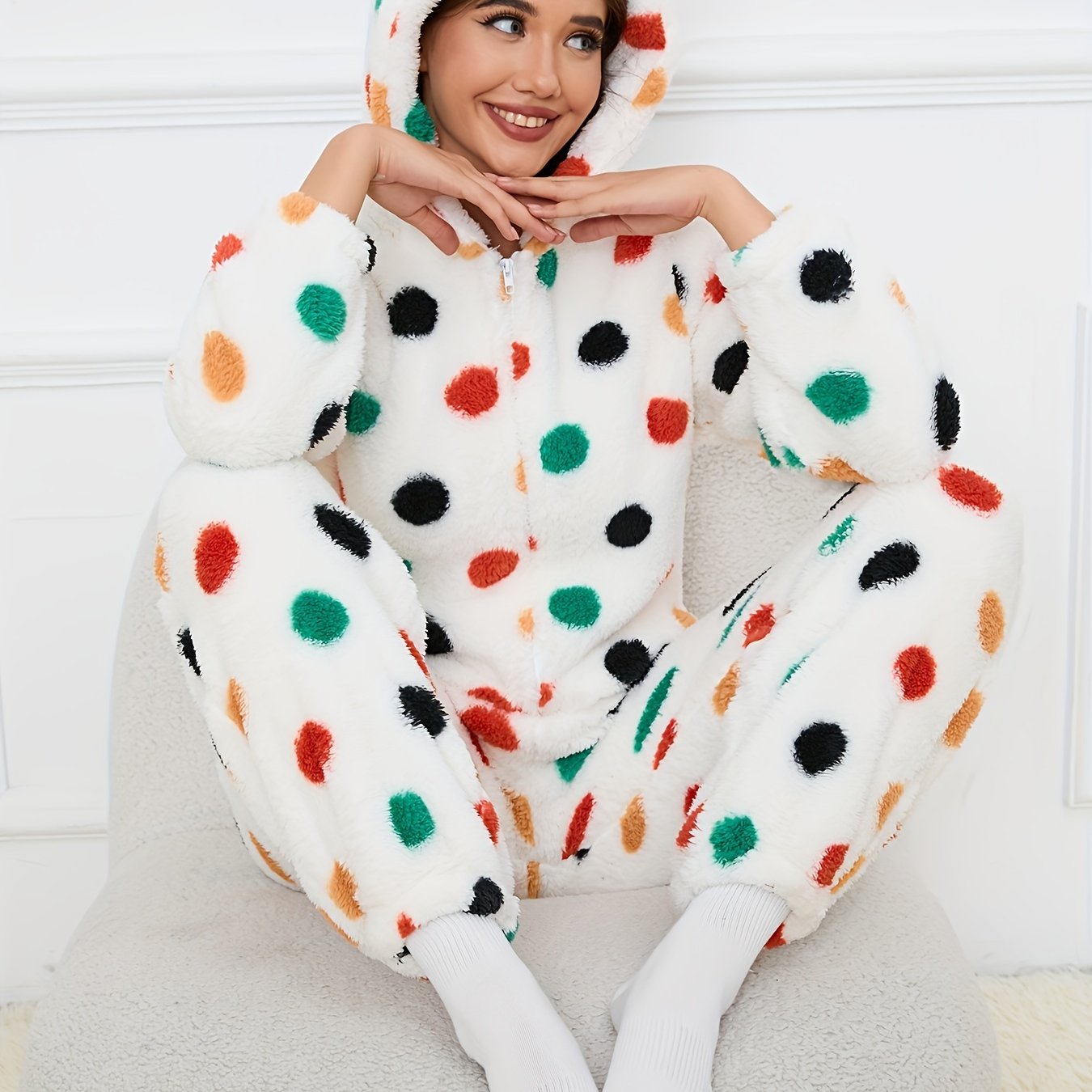 Women's fluffy sleep jumpsuit with zipper, hood, and bear pattern