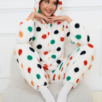 Women's fluffy sleep jumpsuit with zipper, hood, and bear pattern