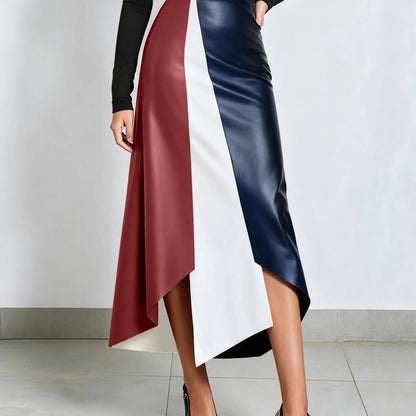 Color-block midi skirt with an asymmetrical faux-leather hem
