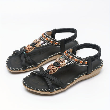 Women's Boho Sandals with Decorative Jewelry and Elastic Ankle Strap – Comfortable Summer Shoes for Casual Wear and Vacation