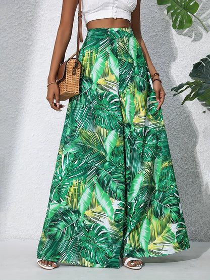 Women's Wide Summer Pants with Tropical Leaf Pattern – Fashionable Palazzo Pants for Beach and Leisure
