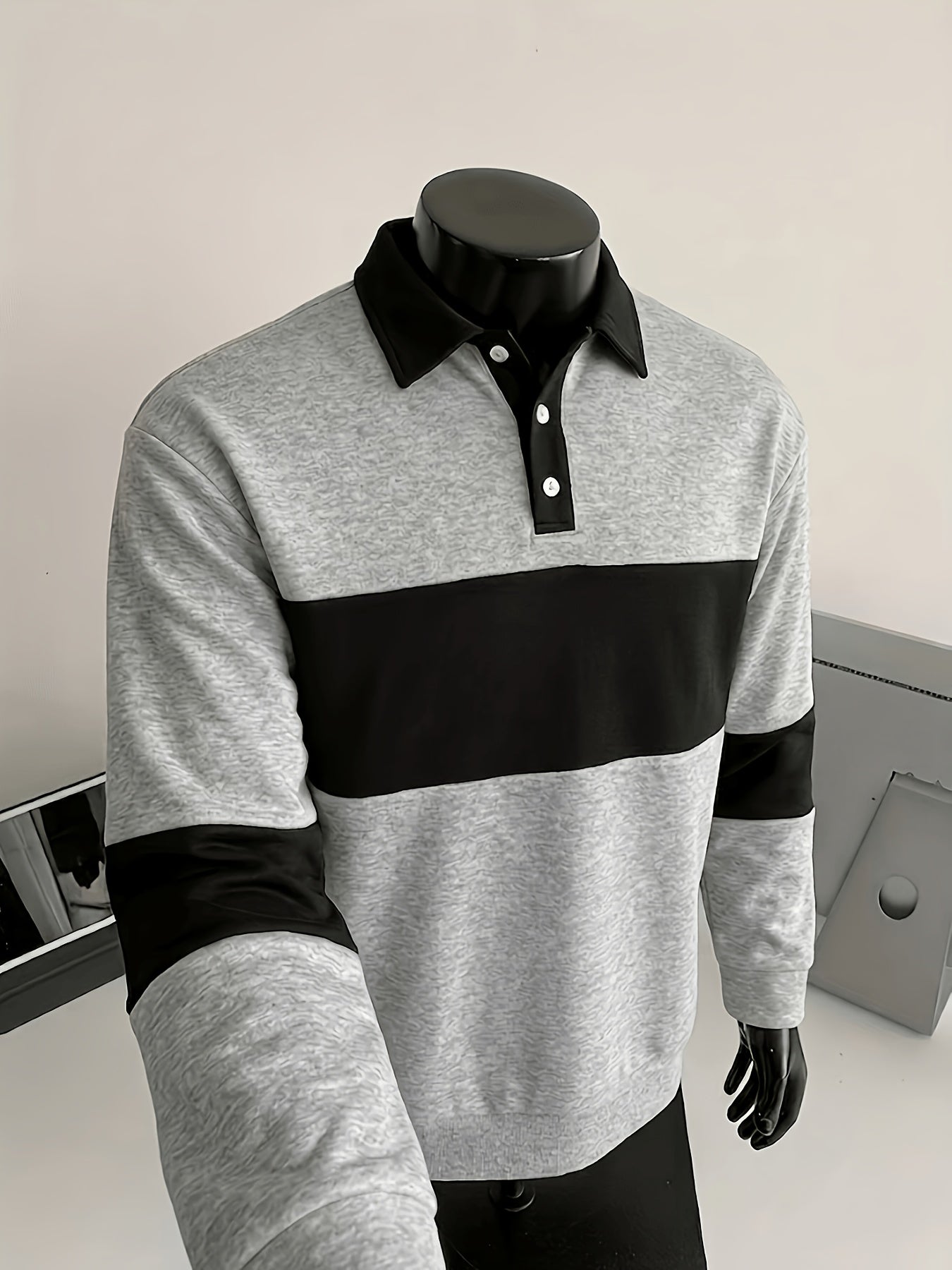 Men's long-sleeve striped rugby shirt with a polo collar, dark gray and black