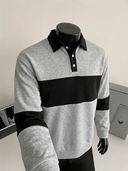 Men's long-sleeve striped rugby shirt with a polo collar, dark gray and black