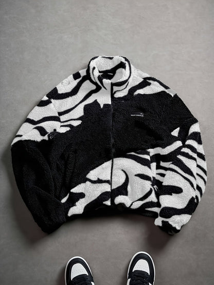 Unisex fleece jacket with stand-up collar, zipper, and animal print