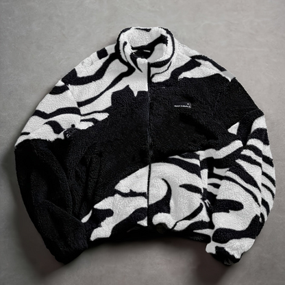 Unisex fleece jacket with stand-up collar, zipper, and animal print