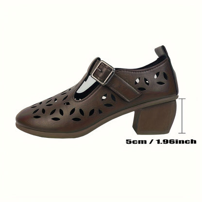 Women's Mary Jane Block Heel Shoes – Fashionable with Cut-Out Design, Everyday & Casual