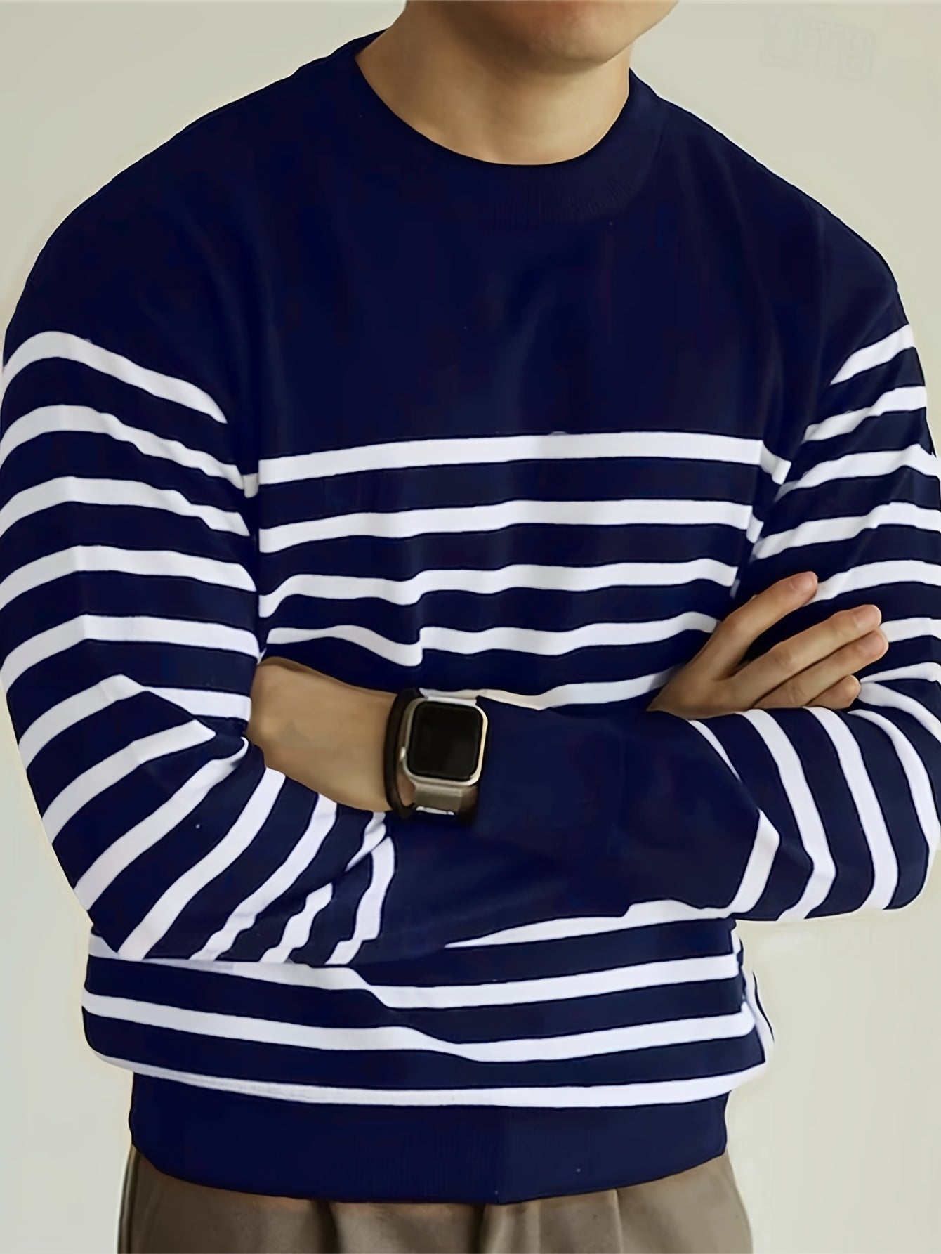 Striped men's long-sleeve crew-neck shirt, black and white
