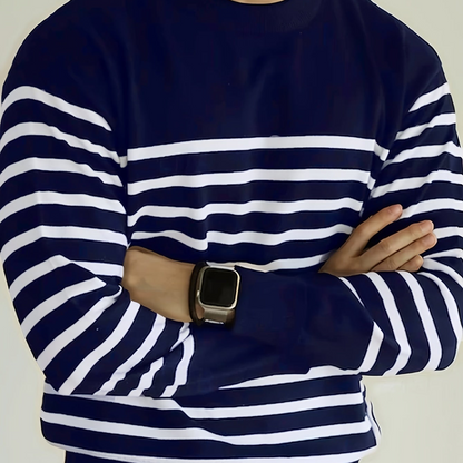 Striped men's long-sleeve crew-neck shirt, black and white
