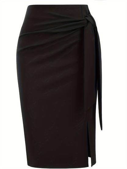 Women's Elegant Midi Skirt with Bow Detail and Slit – Perfect for Office & Festive Occasions