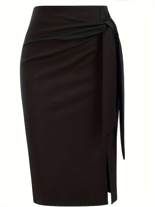Women's Elegant Midi Skirt with Bow Detail and Slit – Perfect for Office & Festive Occasions