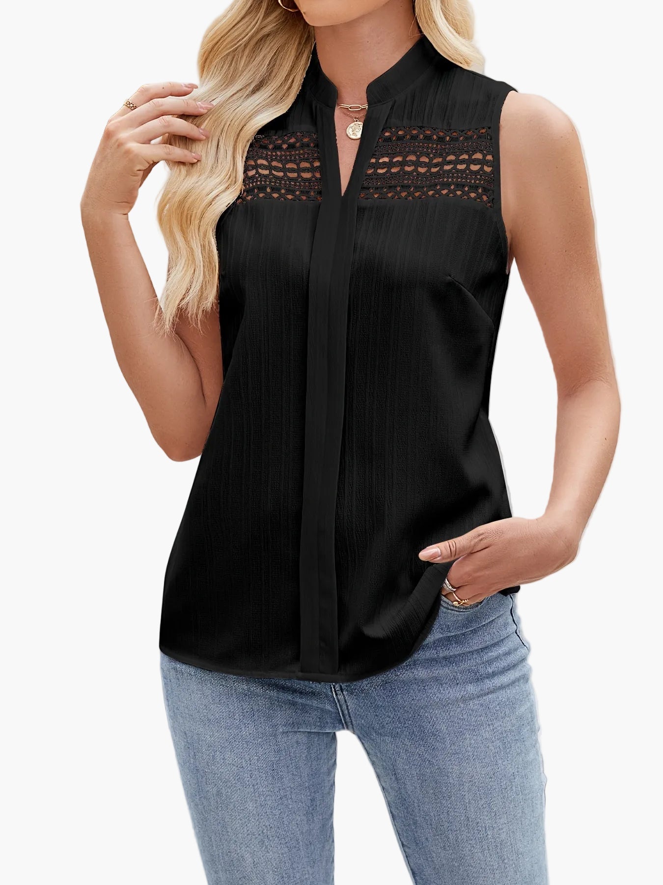 Damen Ärmellose Bluse mit Spitzenbesatz und Stehkragen – Elegante Sommermode für Freizeit und Büro