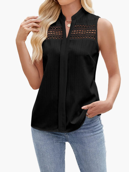 Damen Ärmellose Bluse mit Spitzenbesatz und Stehkragen – Elegante Sommermode für Freizeit und Büro