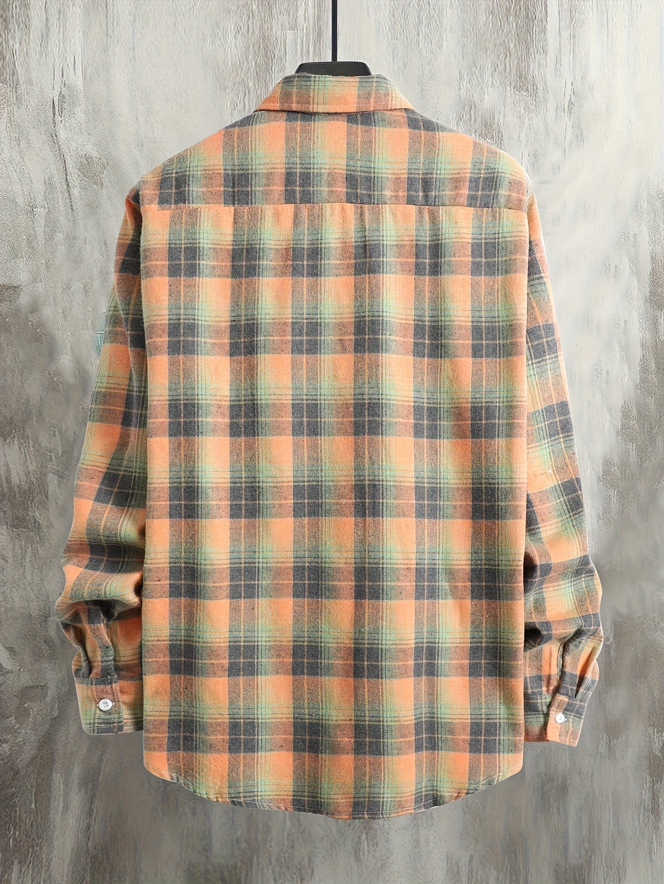Men's orange and green plaid long-sleeve casual shirt with button placket