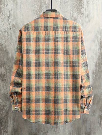 Men's orange and green plaid long-sleeve casual shirt with button placket