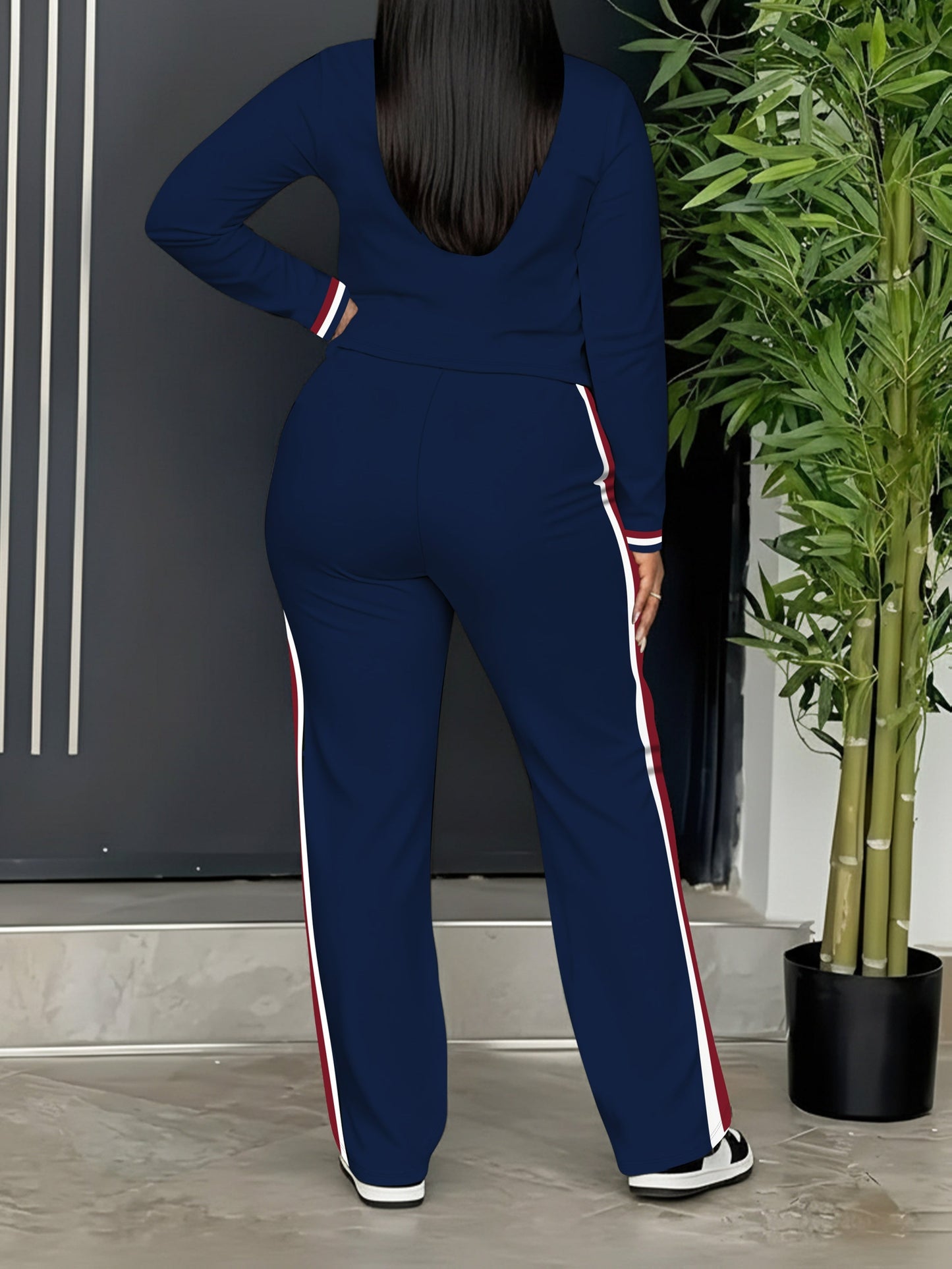 Damen Trainingsanzug Set marineblau Langarm Oberteil Hose Seitenstreifen