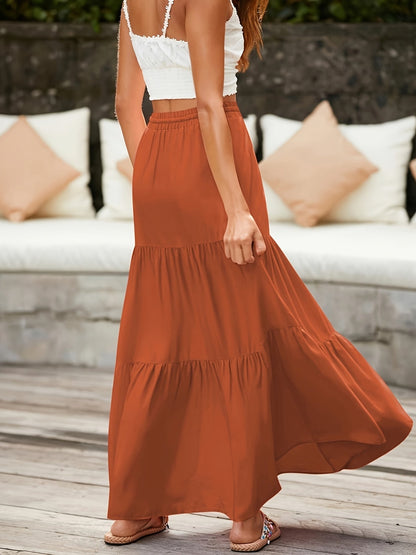 Women's Maxi Tiered Skirt with Drawstring – Boho Summer Casual Skirt for Everyday & Vacation