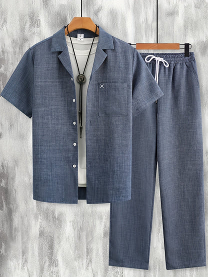 Men's Casual Suit Set – Short-Sleeve Shirt & Pants, Modern Summer Look for Everyday and Vacation