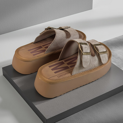 Damen Plateau-Sandalen mit Doppelriemen und Schnalle für Freizeit und Alltag