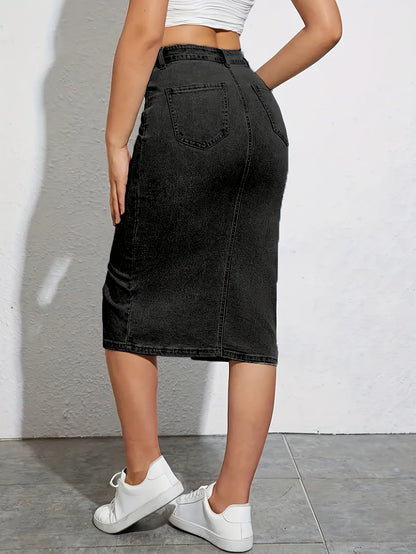 Women's High Waist Denim Skirt with Slit – Fashionable Casual Style for Everyday & Leisure