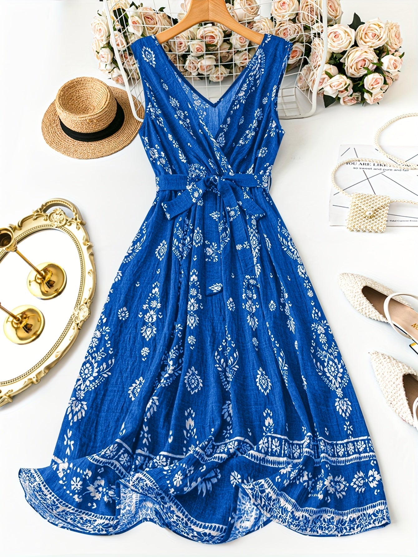 Women's Boho Maxi Dress with Belt and Floral Pattern – Elegant Summer Dress for Leisure and Vacation
