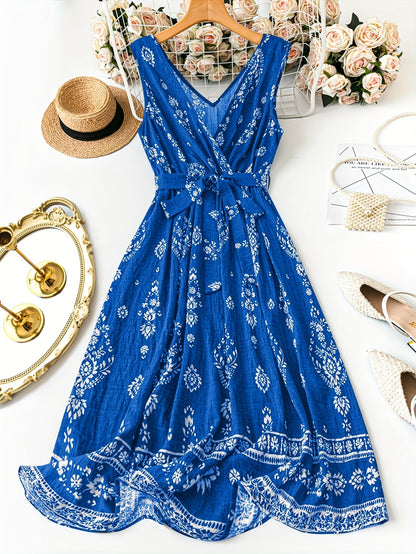 Women's Boho Maxi Dress with Belt and Floral Pattern – Elegant Summer Dress for Leisure and Vacation