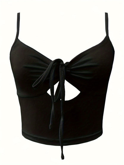 Women's Crop Top with Cut-Out and Front Bow – Fashionable Spaghetti Strap Top for Everyday and Going Out