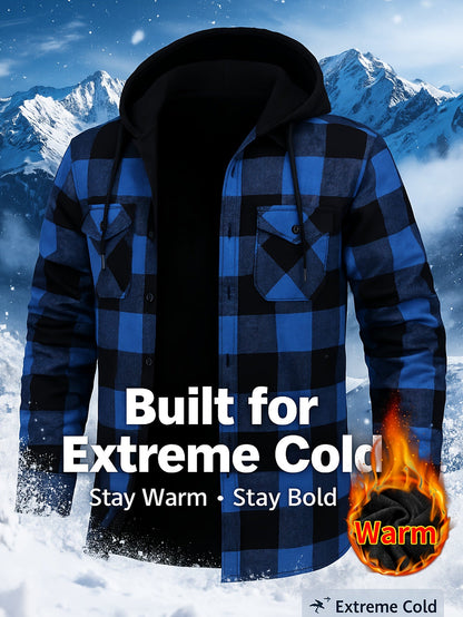 Men's checked flannel shirt with hood, lined, warm casual jacket, long sleeve