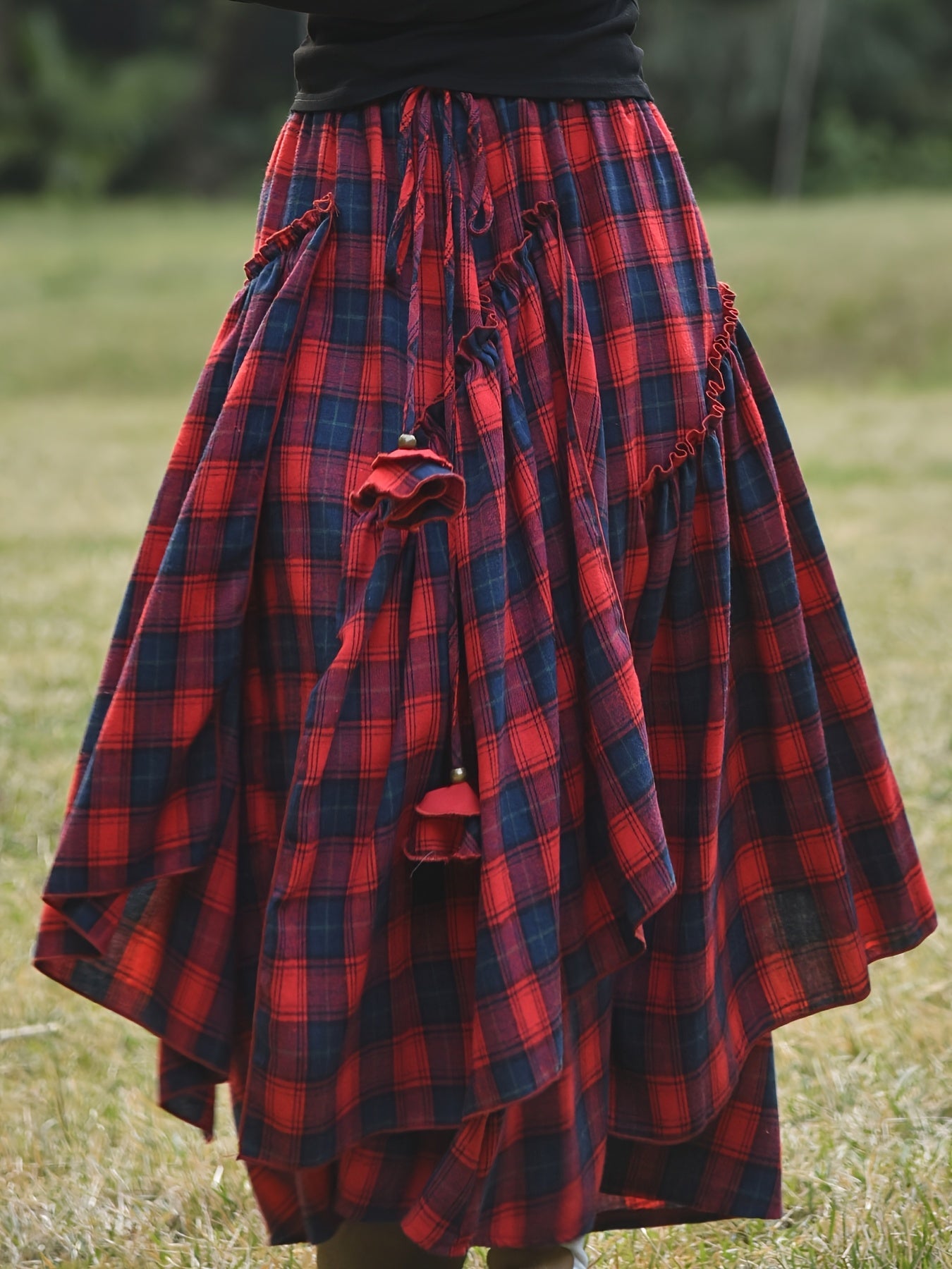 Damen Maxirock Plaid Schottenkaro Asymmetrisch Grün