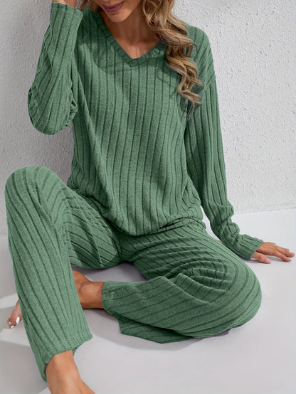 Women's rib-knit lounge set with V-neck long-sleeve top and wide-leg pants