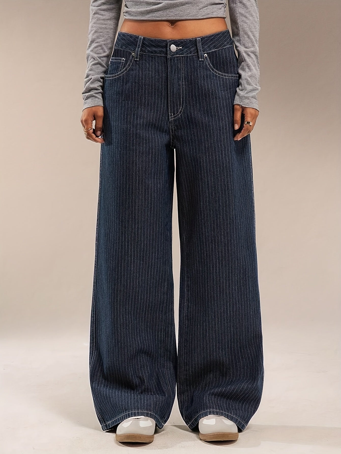 Women's wide-leg striped dark blue jeans