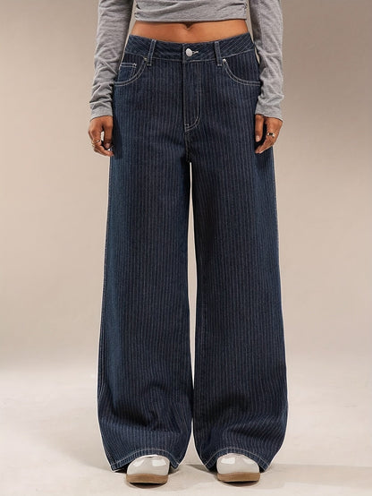 Women's wide-leg striped dark blue jeans
