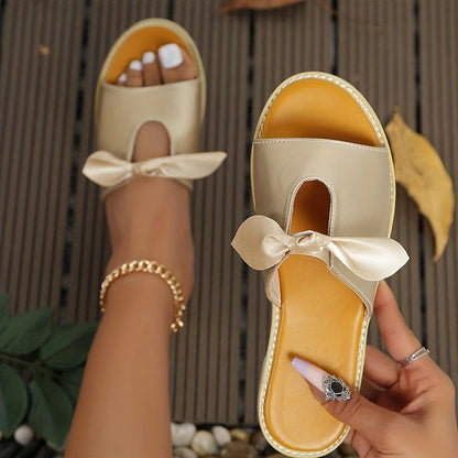 Women's Slip-On Sandals with Bow – Open Toe, Flat Summer Shoes, Elegant & Comfortable