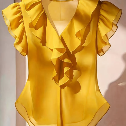 Women's blouse with ruffles and V-neck – Elegant frilled blouse for office and leisure