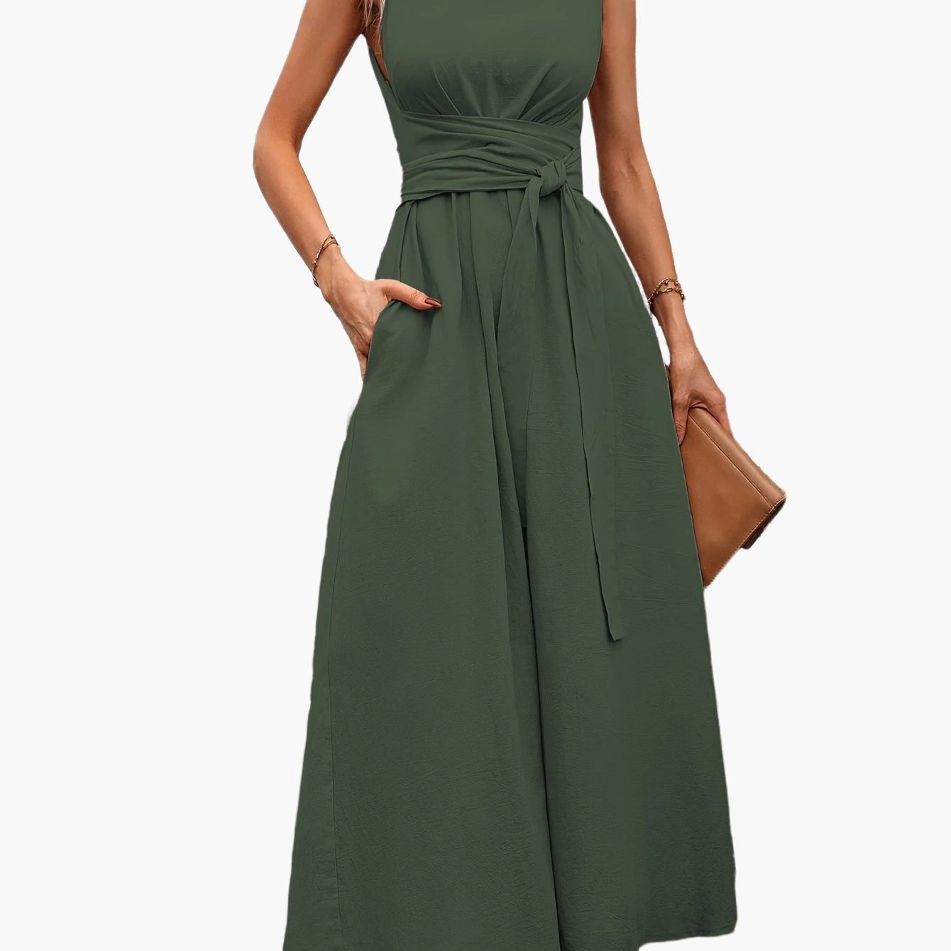Women's Elegant Sleeveless Jumpsuit with Tie Belt and Wide Legs – Perfect for Summer and Leisure