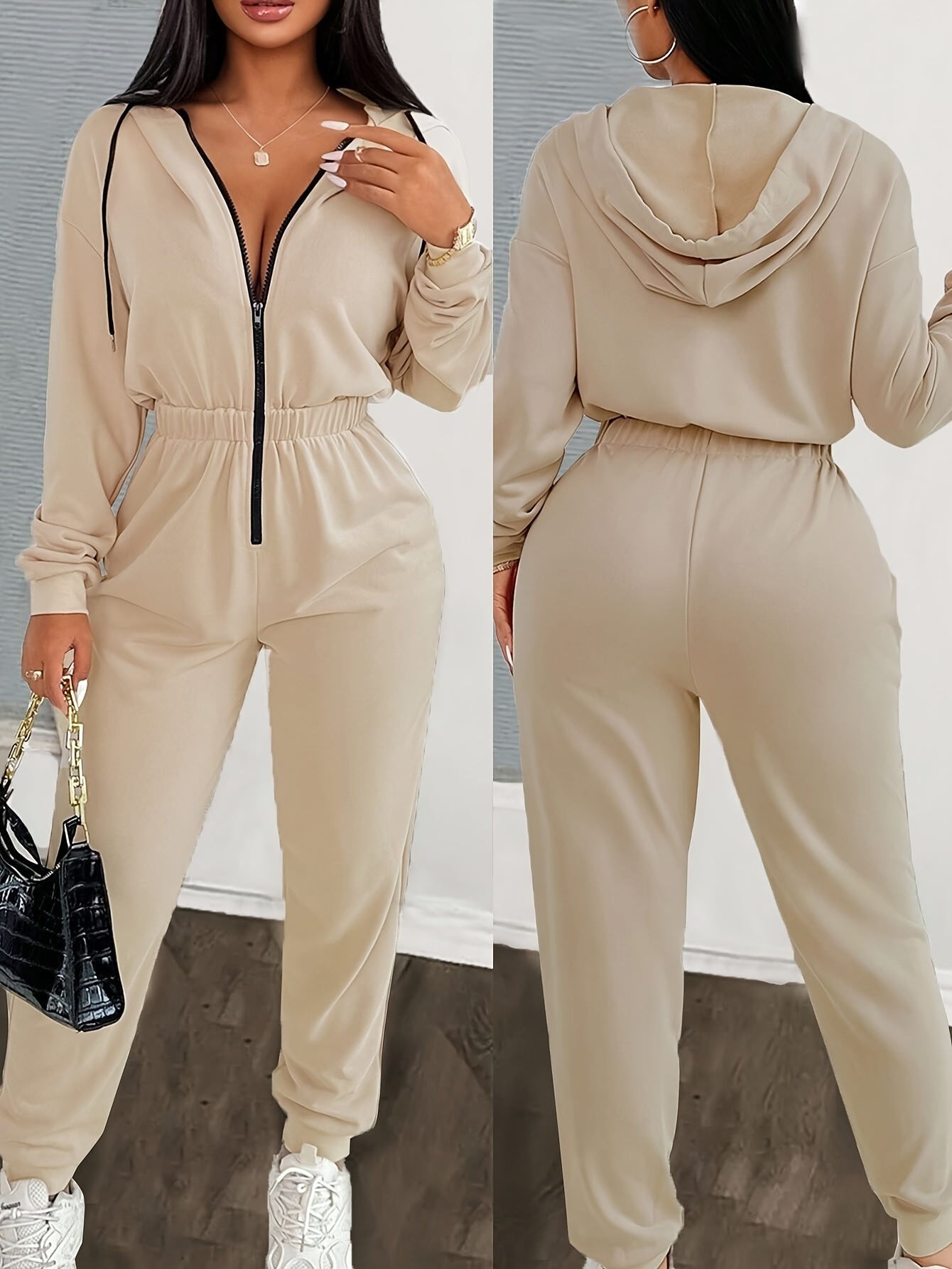 Women's jumpsuit with hood, zipper, and elastic waist