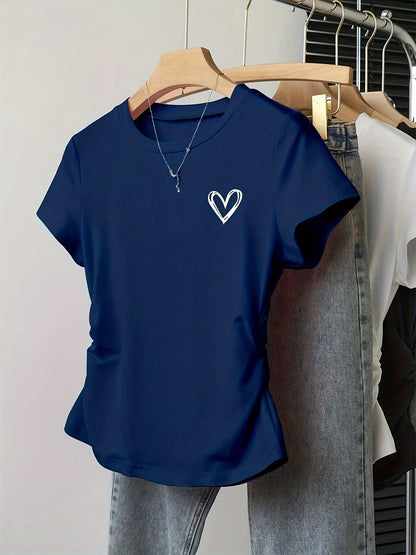 Women's T-shirt with Heart Print – Fashionable Summer Top, Fitted, Short Sleeve, Casual & Leisure Look